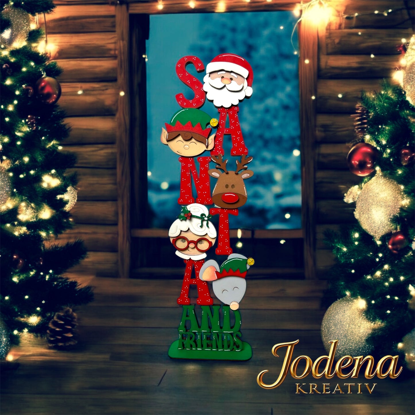 Weihnachtsschild “Santa and Friends” | Handgefertigte Weihnachtsdeko | Festliche Tür- & Wanddeko | Weihnachtsmann & Freunde - Jodena Kreativ