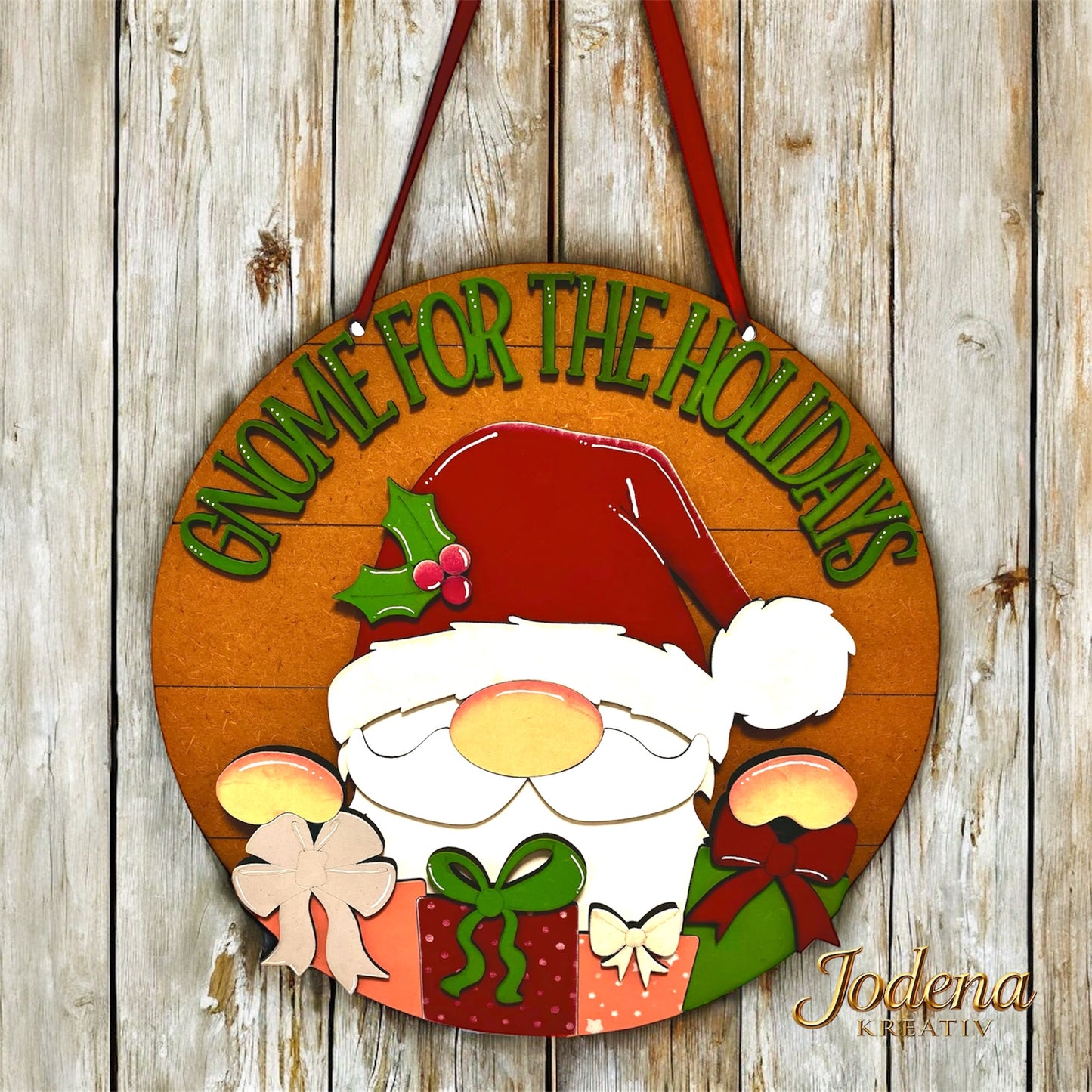 Weihnachtliches Türschild „Gnome for the holidays“ – handbemalter Wichtel mit Geschenken