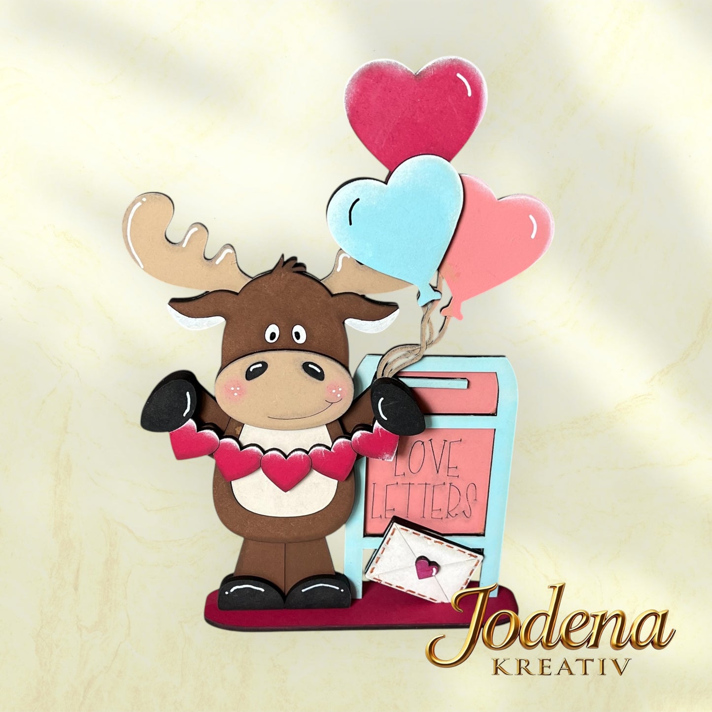 Regalsitter “Valentins-Elch mit Herzballons” – Elch Deko für Valentinstag | Romantische Tischdeko | Geschenkidee für Verliebte - Jodena Kreativ