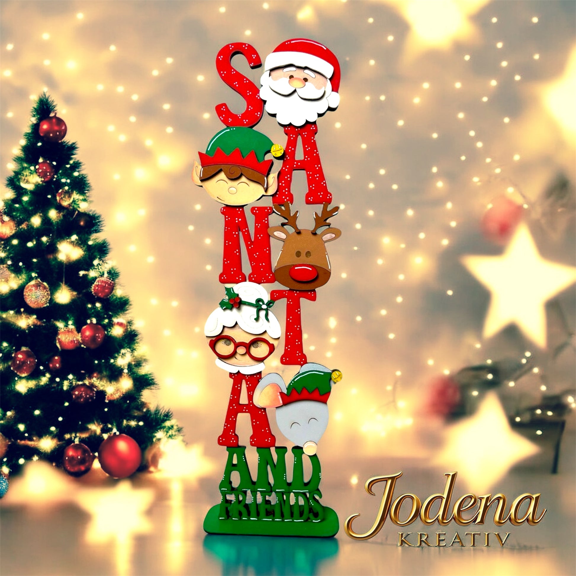 Weihnachtsschild “Santa and Friends” | Handgefertigte Weihnachtsdeko | Festliche Tür- & Wanddeko | Weihnachtsmann & Freunde - Jodena Kreativ