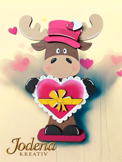 Regalsitter “Valentins-Elch mit Herz” – Elch Deko für Valentinstag | Romantische Tischdeko | Geschenkidee für Verliebte - Jodena Kreativ