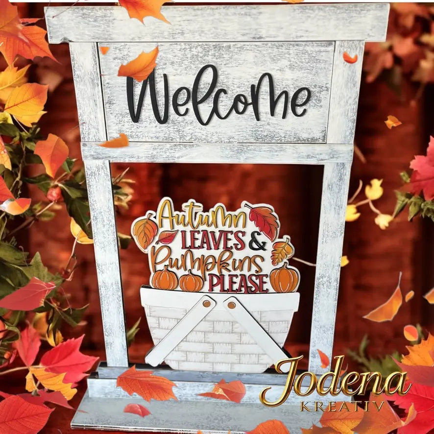 Korbeinsatz Autumn leaves, pumpkins please in Willkommensschild