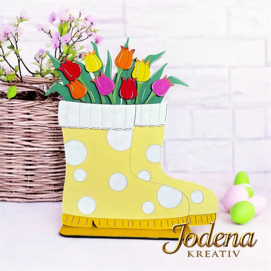 BasisForm_Gummistifel_Korb-Motiveinsatz_Tulpen_helle_Mauer_geschmueckt