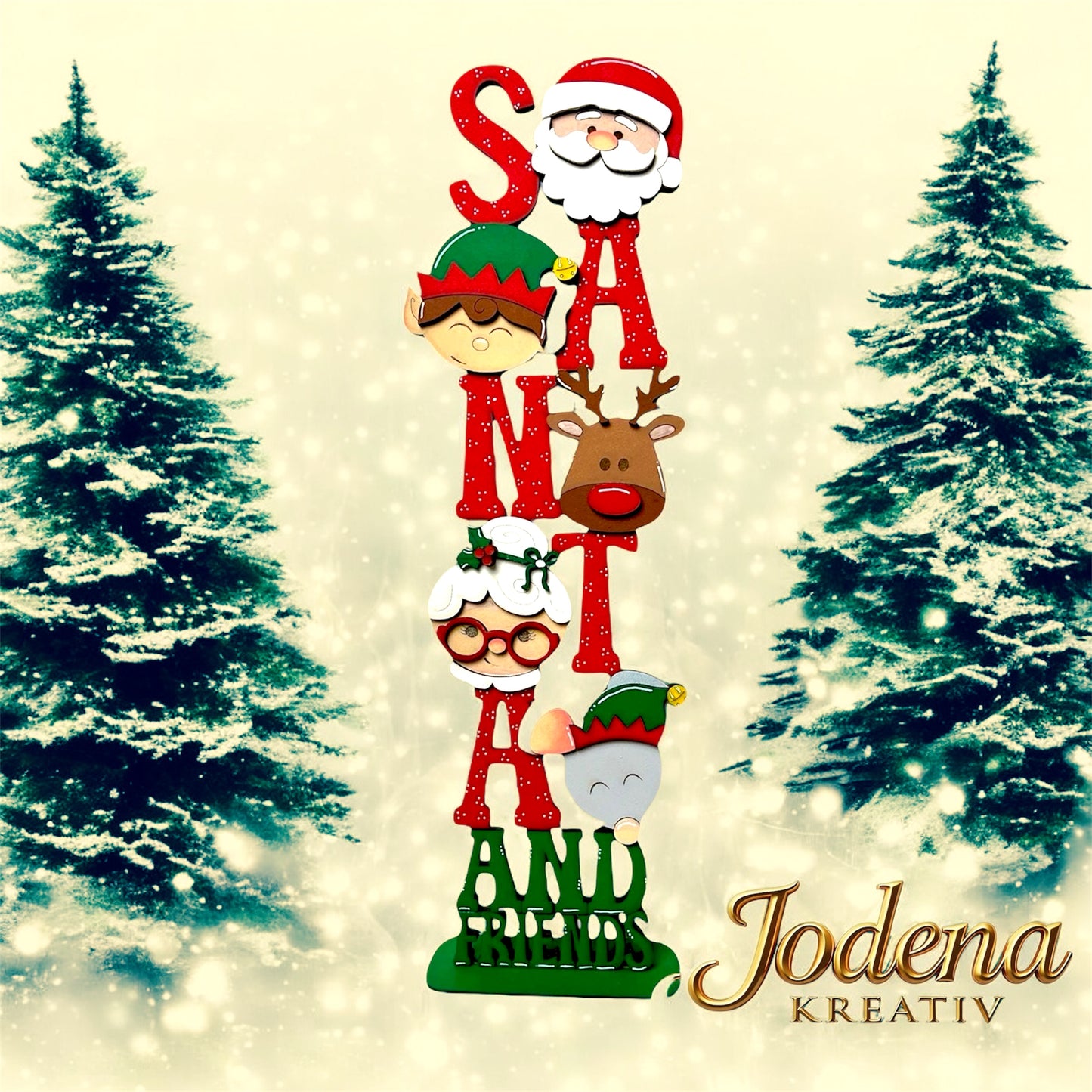 Weihnachtsschild “Santa and Friends” | Handgefertigte Weihnachtsdeko | Festliche Tür- & Wanddeko | Weihnachtsmann & Freunde - Jodena Kreativ