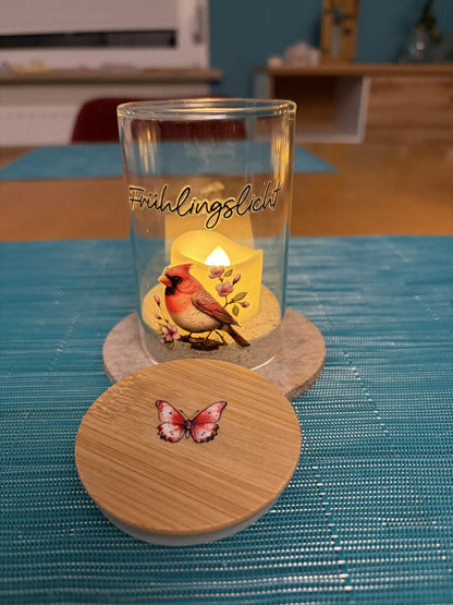 Fruehlingslicht_Glas_Fruehlingslicht_mit_Vogel_beleuchtet