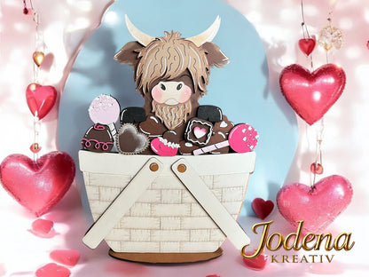 Korbeinsatz Schoko-Hochlandkuh in weißem Dekokorb – für modularen Dekokorb - Jodena Kreativ