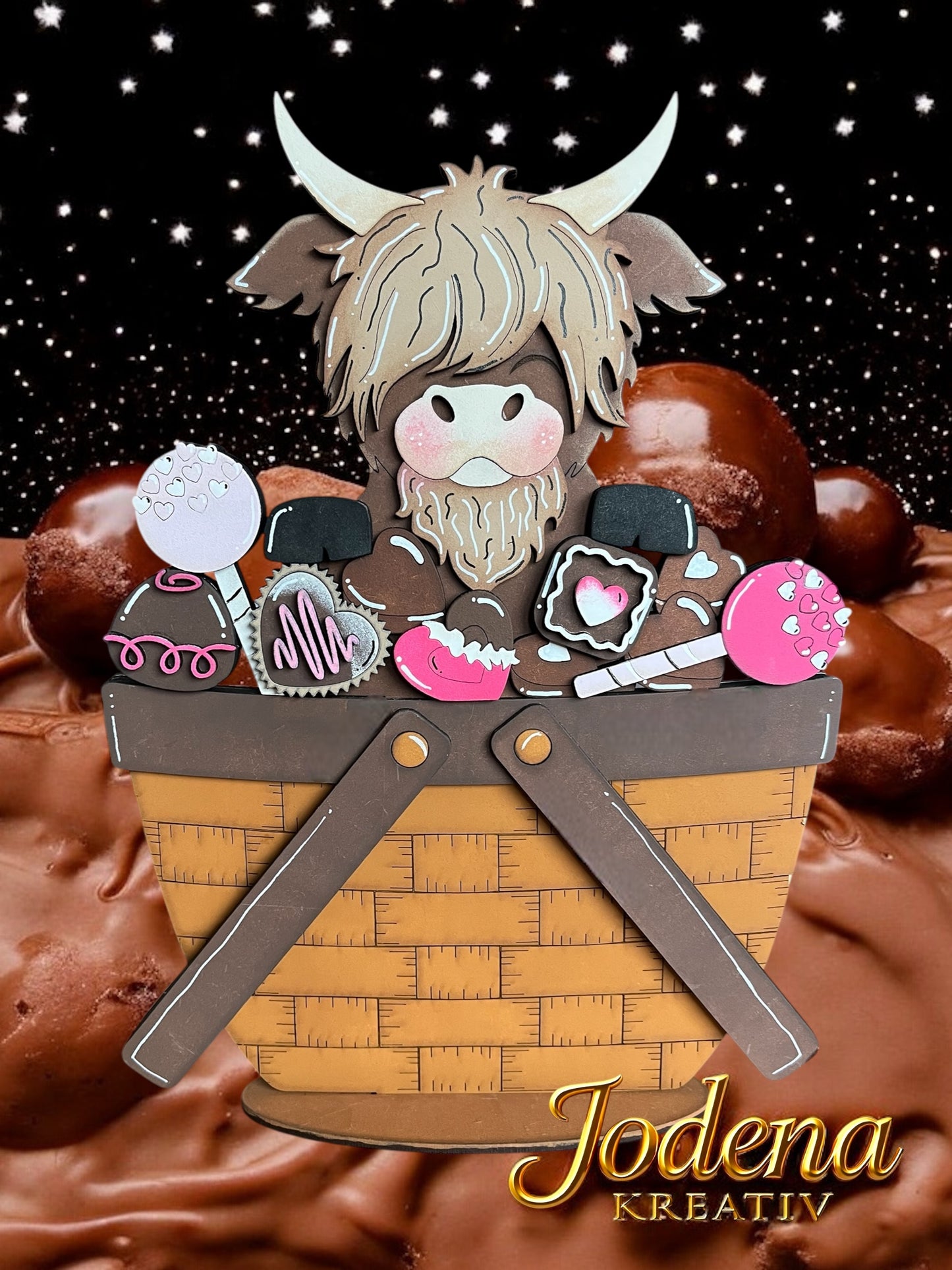 Korbeinsatz Schoko-Hochlandkuh – für austauschbaren Dekokorb - Jodena Kreativ