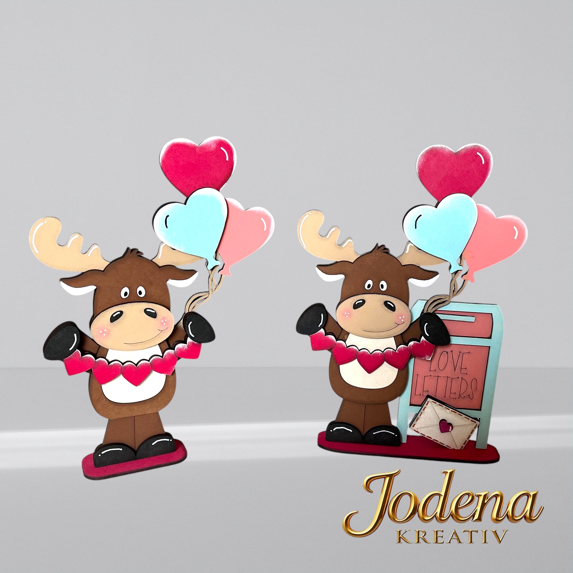 Regalsitter “Valentins-Elch mit Herzballons” – Elch Deko für Valentinstag | Romantische Tischdeko | Geschenkidee für Verliebte - Jodena Kreativ