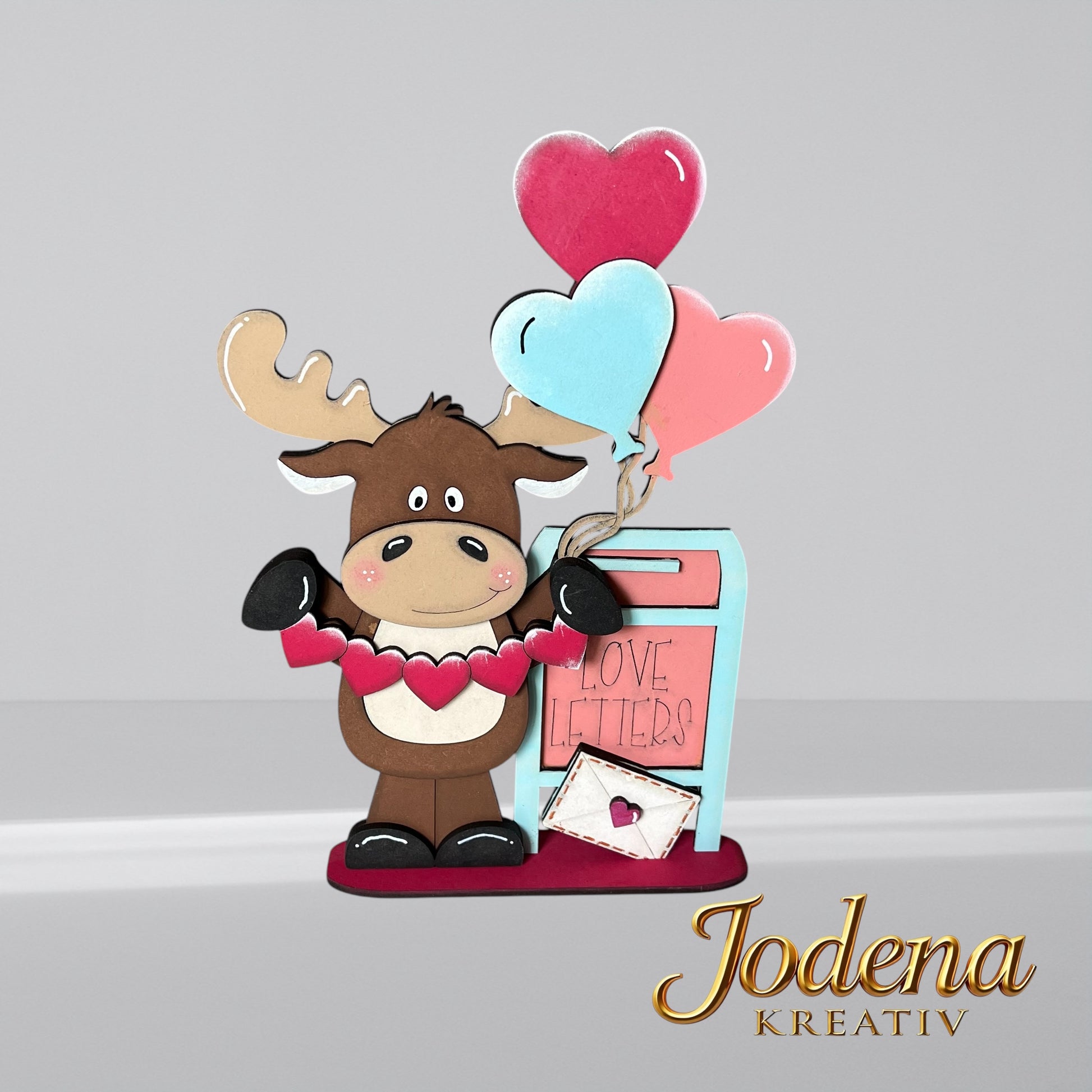 Regalsitter “Valentins-Elch mit Herzballons” – Elch Deko für Valentinstag | Romantische Tischdeko | Geschenkidee für Verliebte - Jodena Kreativ