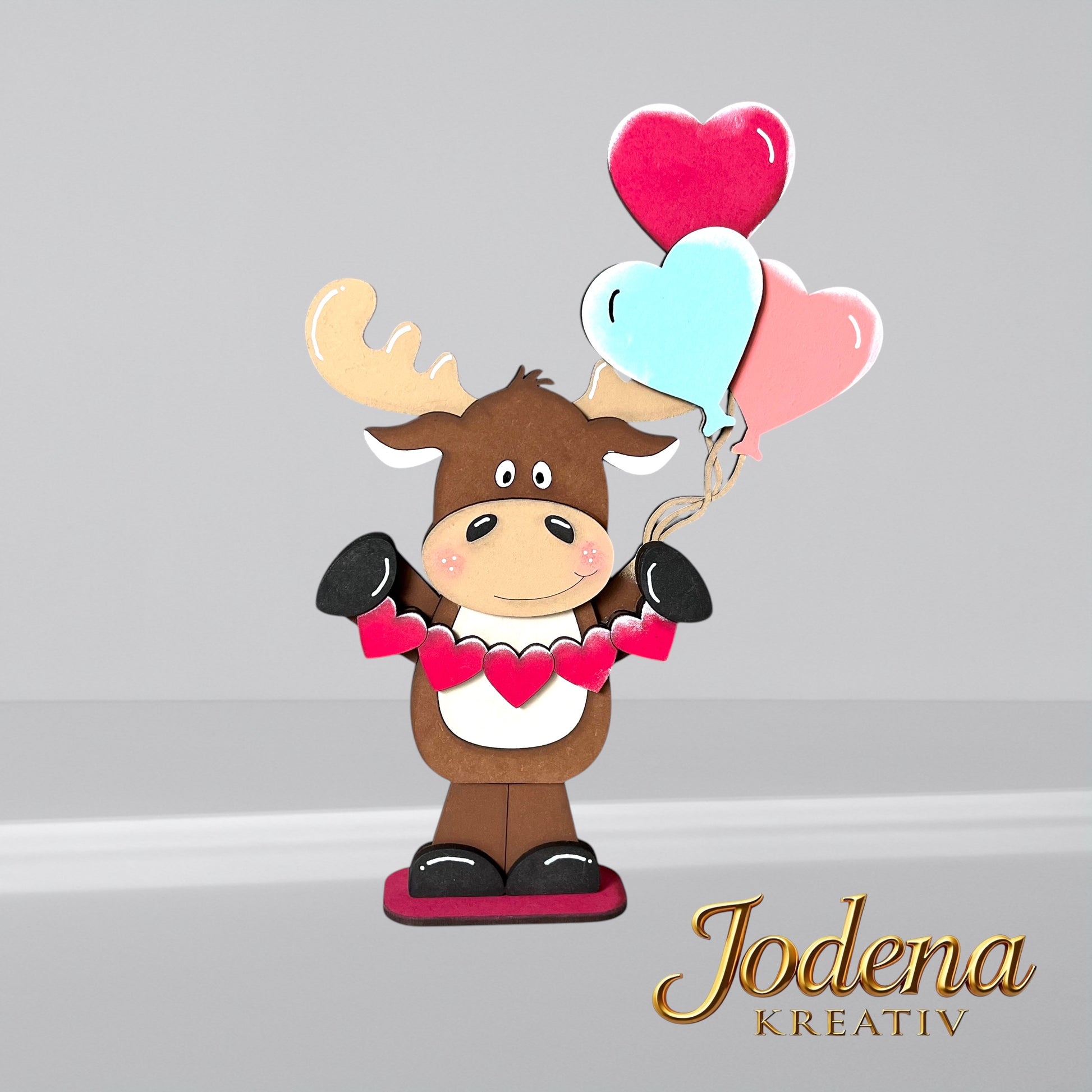 Regalsitter “Valentins-Elch mit Herzballons” – Elch Deko für Valentinstag | Romantische Tischdeko | Geschenkidee für Verliebte - Jodena Kreativ