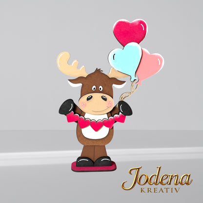 Regalsitter “Valentins-Elch mit Herzballons” – Elch Deko für Valentinstag | Romantische Tischdeko | Geschenkidee für Verliebte - Jodena Kreativ