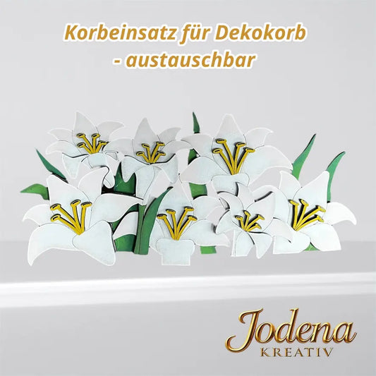 Korbeinsatz Lilien in braunem Dekokorb_schlichter Hintergrund_mit Text