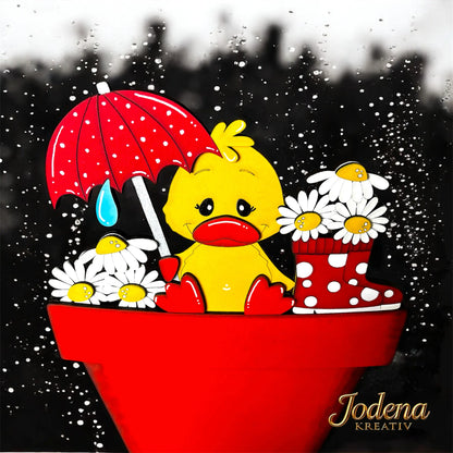 Motiveinsatz_Fruehlingsente_Blumentopf_Regenscheibe