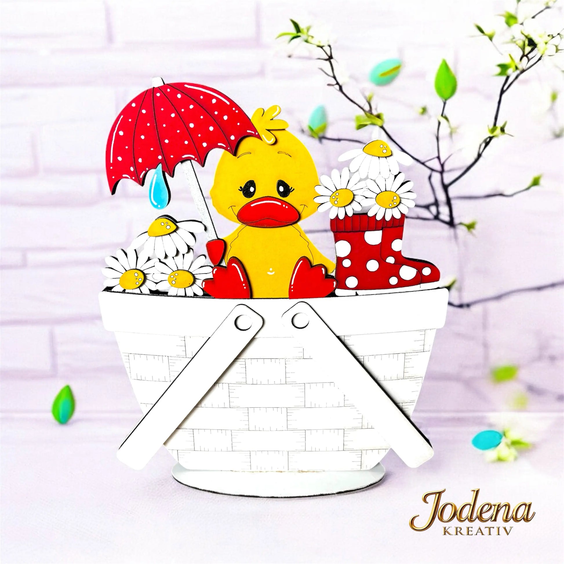 Motiveinsatz_Fruehlingsente_weisserDekokorb_hellgeschmueckt