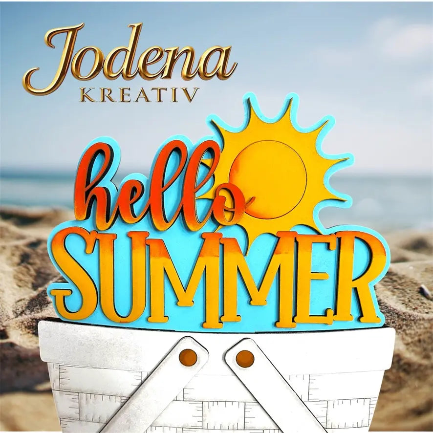 Korbeinsatz „Hello Summer“ 🌞 – Handgemachte Sommerdeko mit Sonne & Schriftzug für Dekokörbe - Jodena Kreativ