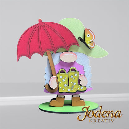 Frühlingswichtelin mit Regenschirm – Handgefertigte Frühlingsdeko aus Holz