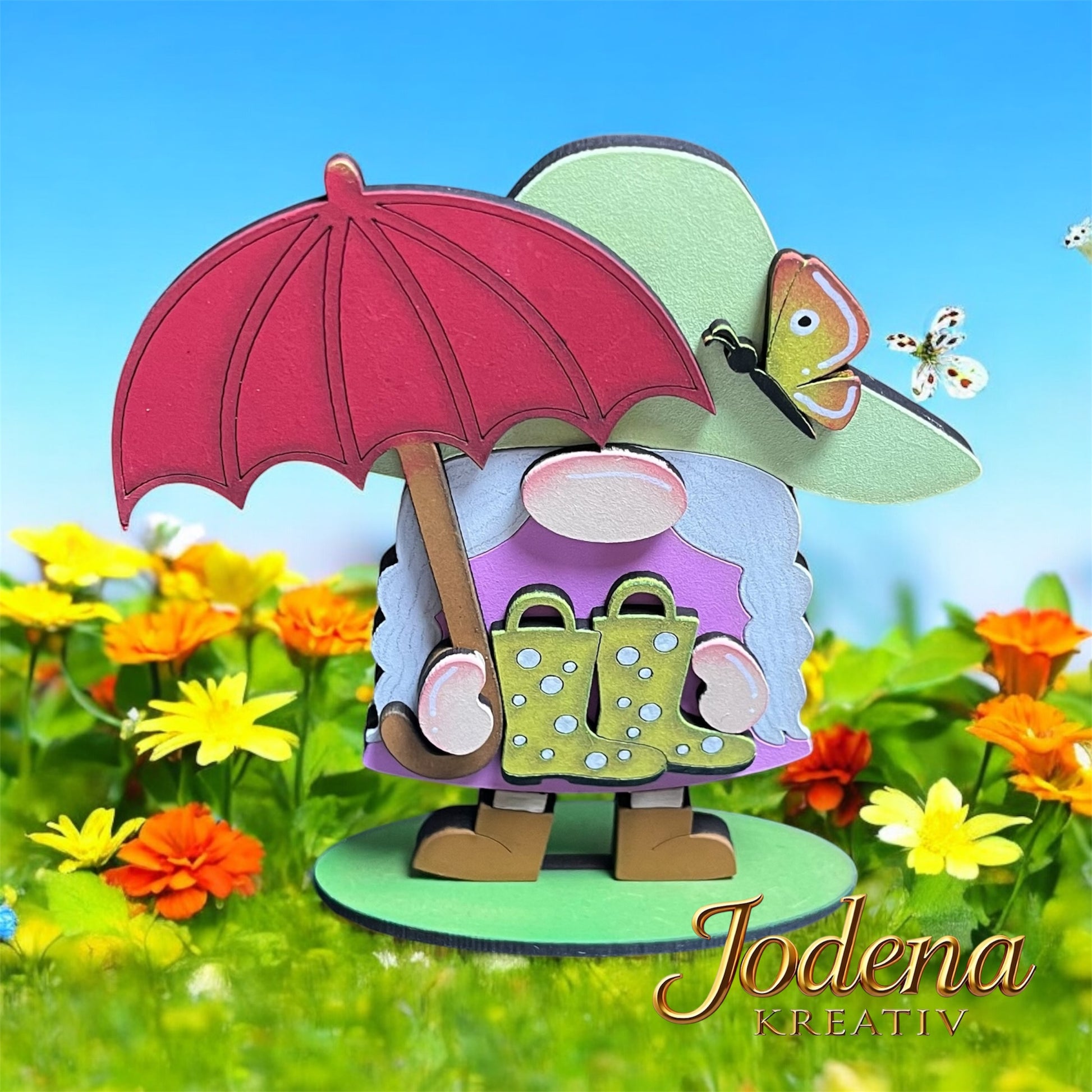 Frühlingswichtelin mit Regenschirm – Handgefertigte Frühlingsdeko aus Holz