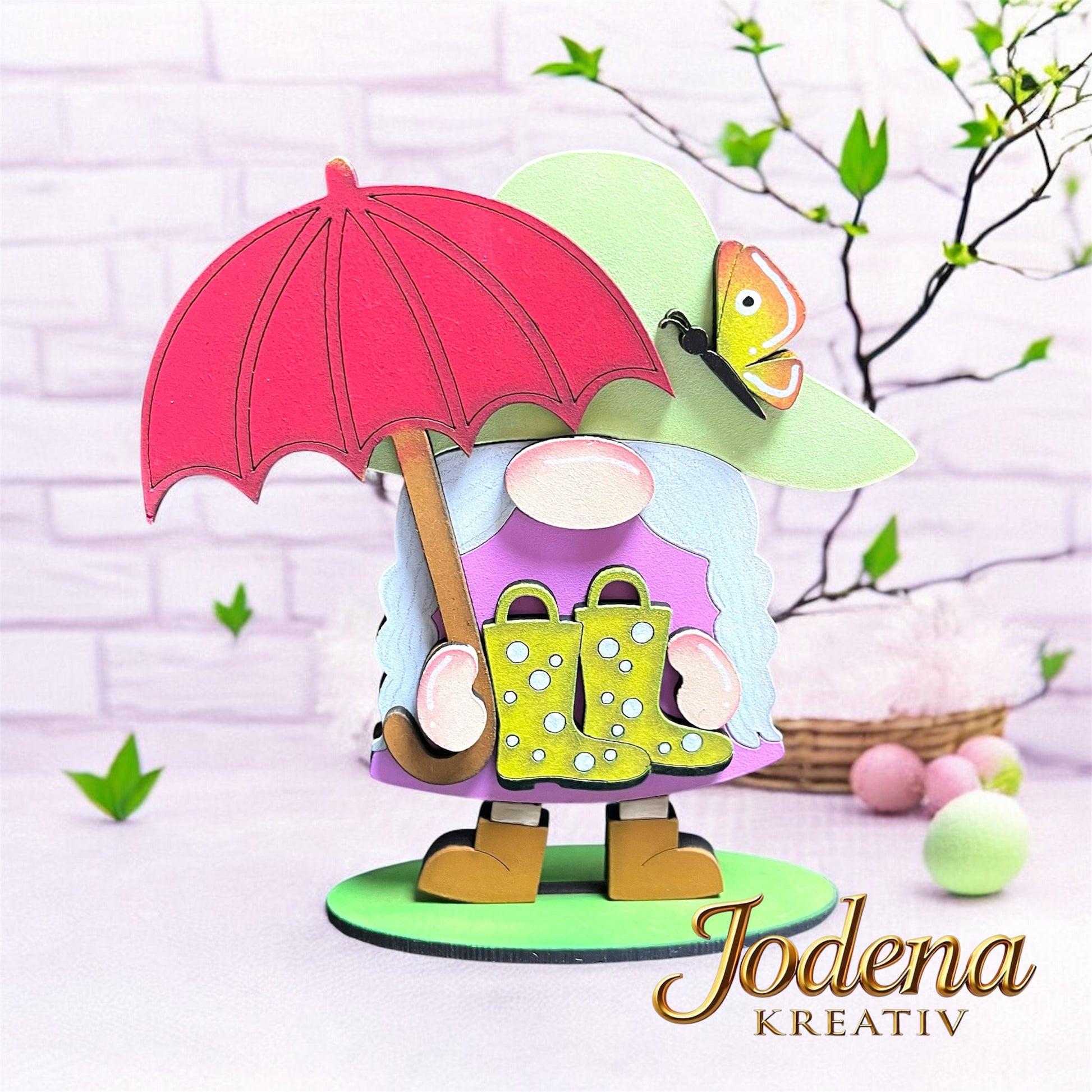 Frühlingswichtelin mit Regenschirm – Handgefertigte Frühlingsdeko aus Holz