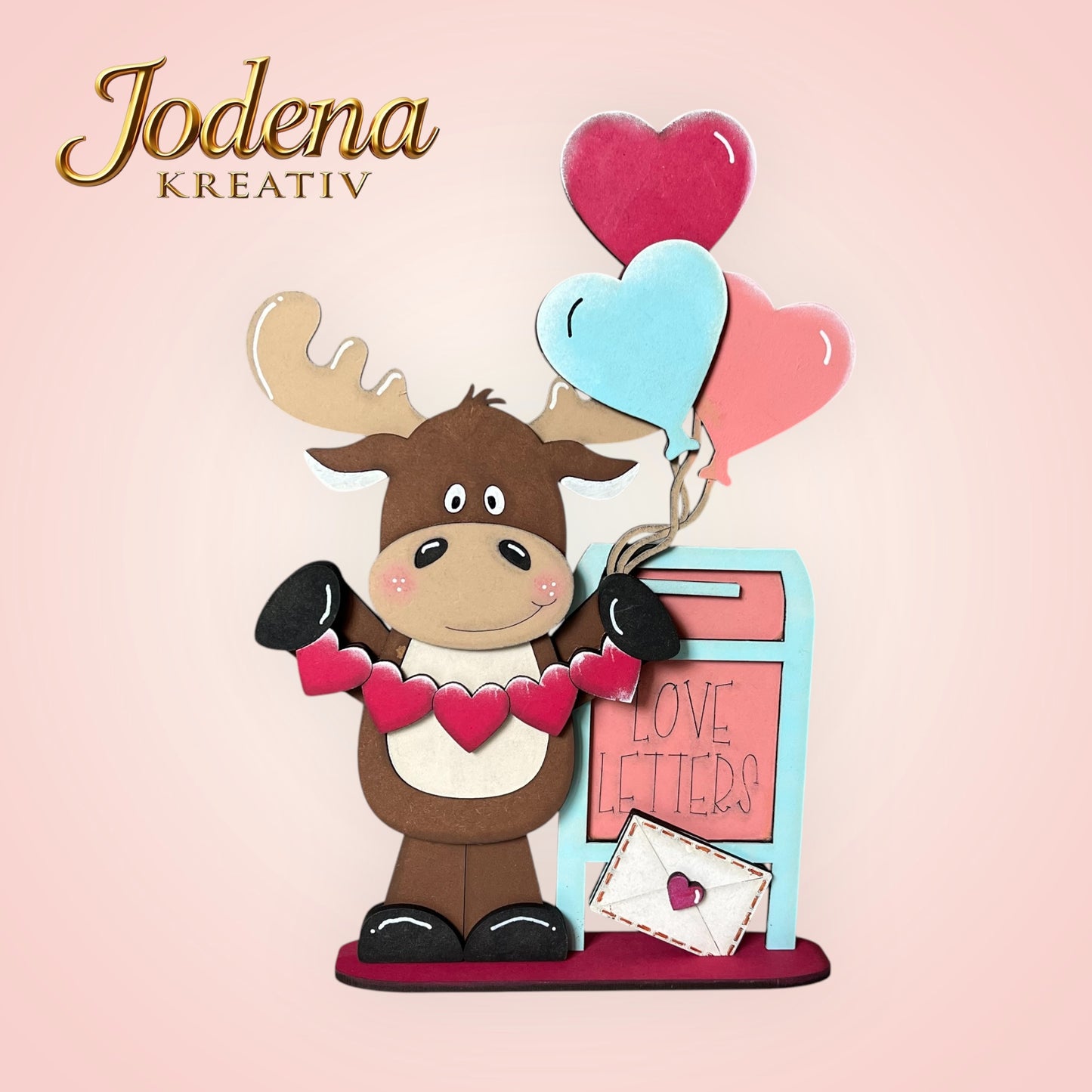 Regalsitter “Valentins-Elch mit Herzballons” – Elch Deko für Valentinstag | Romantische Tischdeko | Geschenkidee für Verliebte - Jodena Kreativ