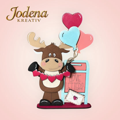Regalsitter “Valentins-Elch mit Herzballons” – Elch Deko für Valentinstag | Romantische Tischdeko | Geschenkidee für Verliebte - Jodena Kreativ