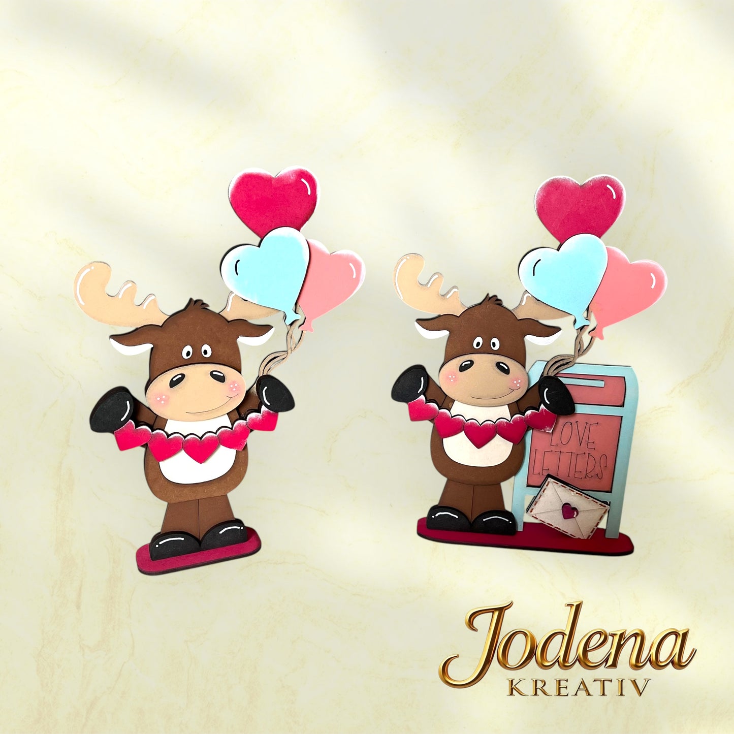 Regalsitter “Valentins-Elch mit Herzballons” – Elch Deko für Valentinstag | Romantische Tischdeko | Geschenkidee für Verliebte - Jodena Kreativ