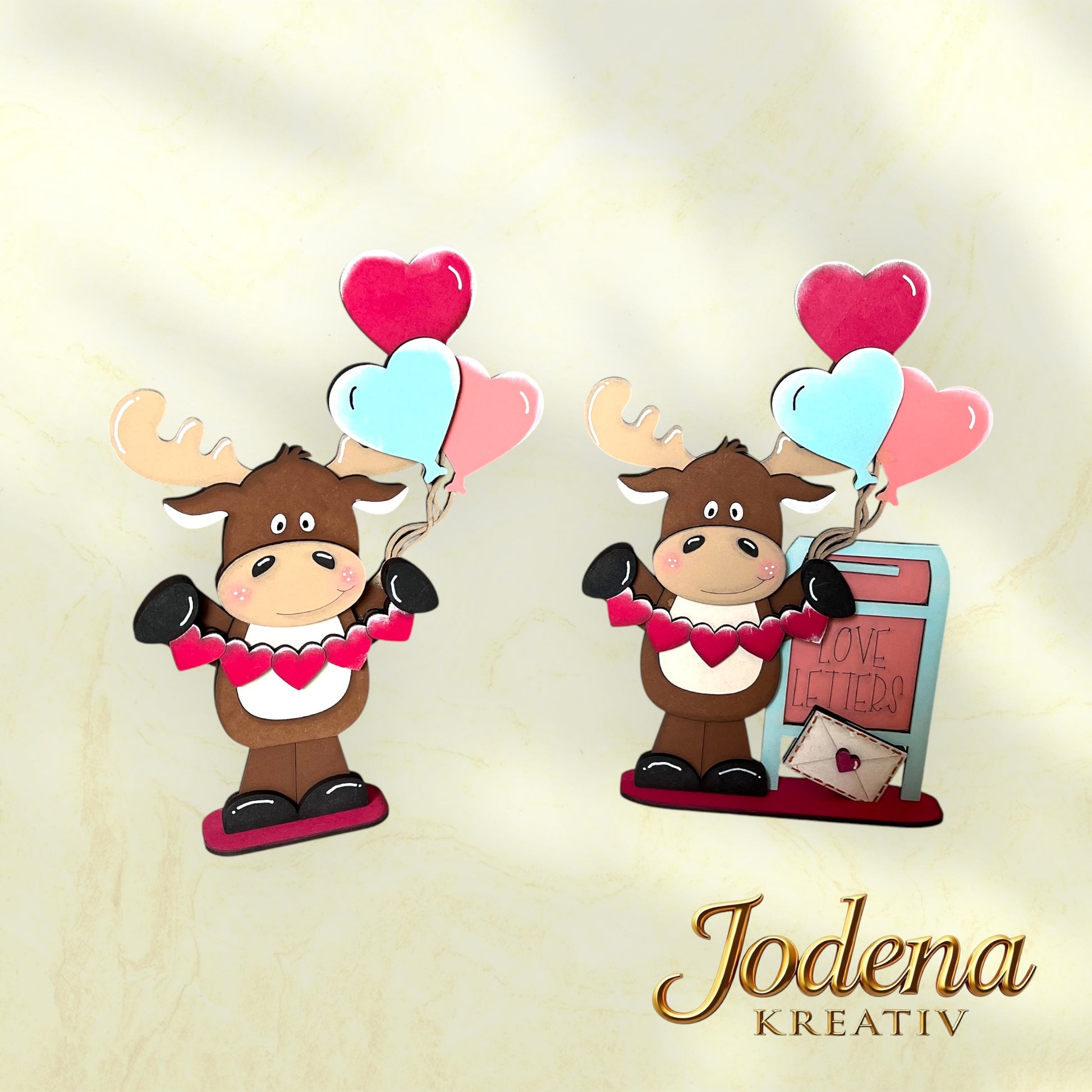 Regalsitter “Valentins-Elch mit Herzballons” – Elch Deko für Valentinstag | Romantische Tischdeko | Geschenkidee für Verliebte - Jodena Kreativ