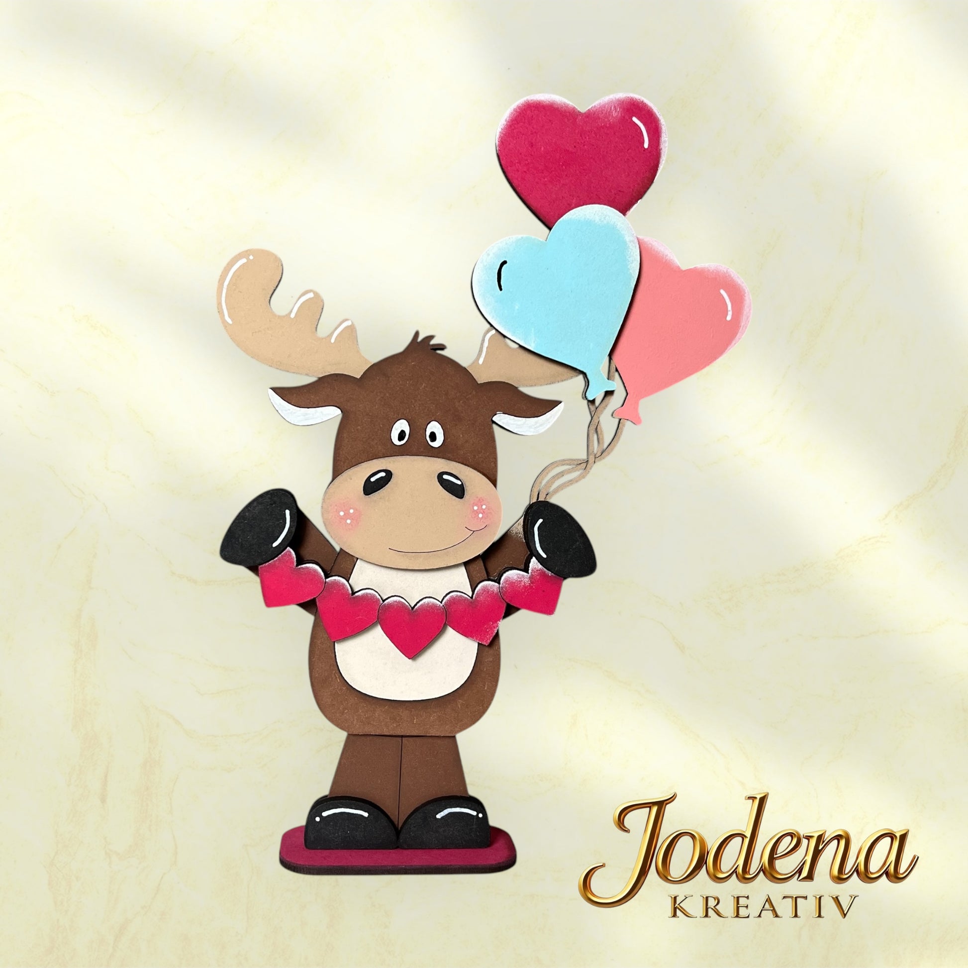 Regalsitter “Valentins-Elch mit Herzballons” – Elch Deko für Valentinstag | Romantische Tischdeko | Geschenkidee für Verliebte - Jodena Kreativ