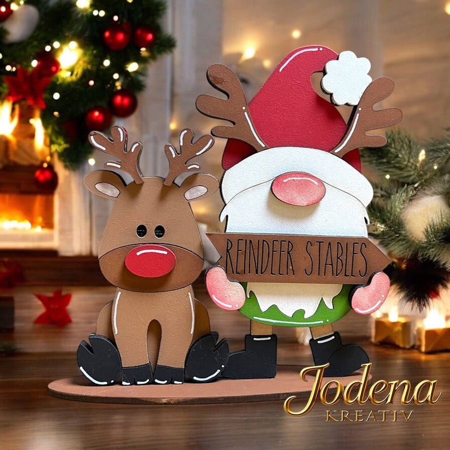 Weihnachtswichtel mit Rentier – Handgefertigte Weihnachtsdeko | Festliche Winterdekoration aus Holz - Jodena Kreativ