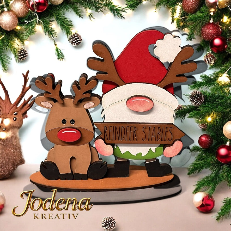 Weihnachtswichtel mit Rentier – Handgefertigte Weihnachtsdeko | Festliche Winterdekoration aus Holz - Jodena Kreativ